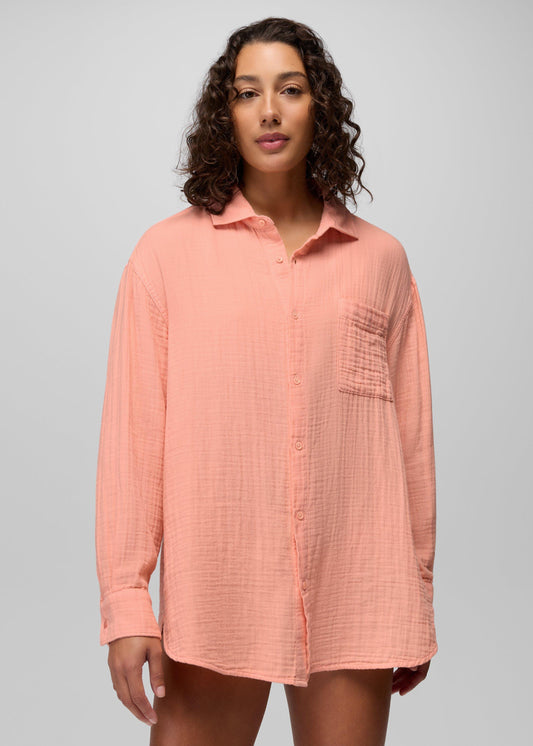 Hideaways Button Down Top - Soft Guava - on model, front