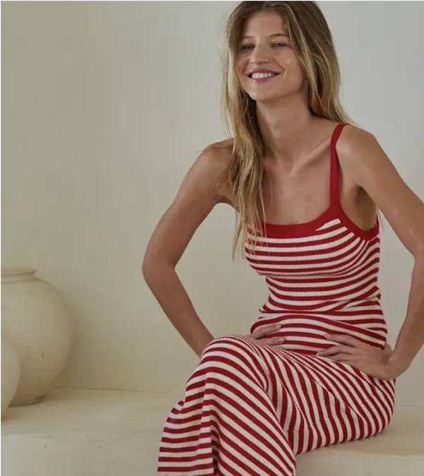 Sweater Knit Striped Dress - Cream Red