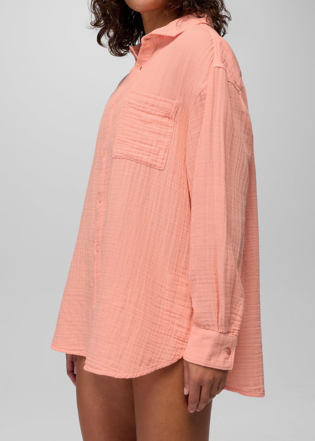 Hideaways Button Down Top - Soft Guava - on model, side