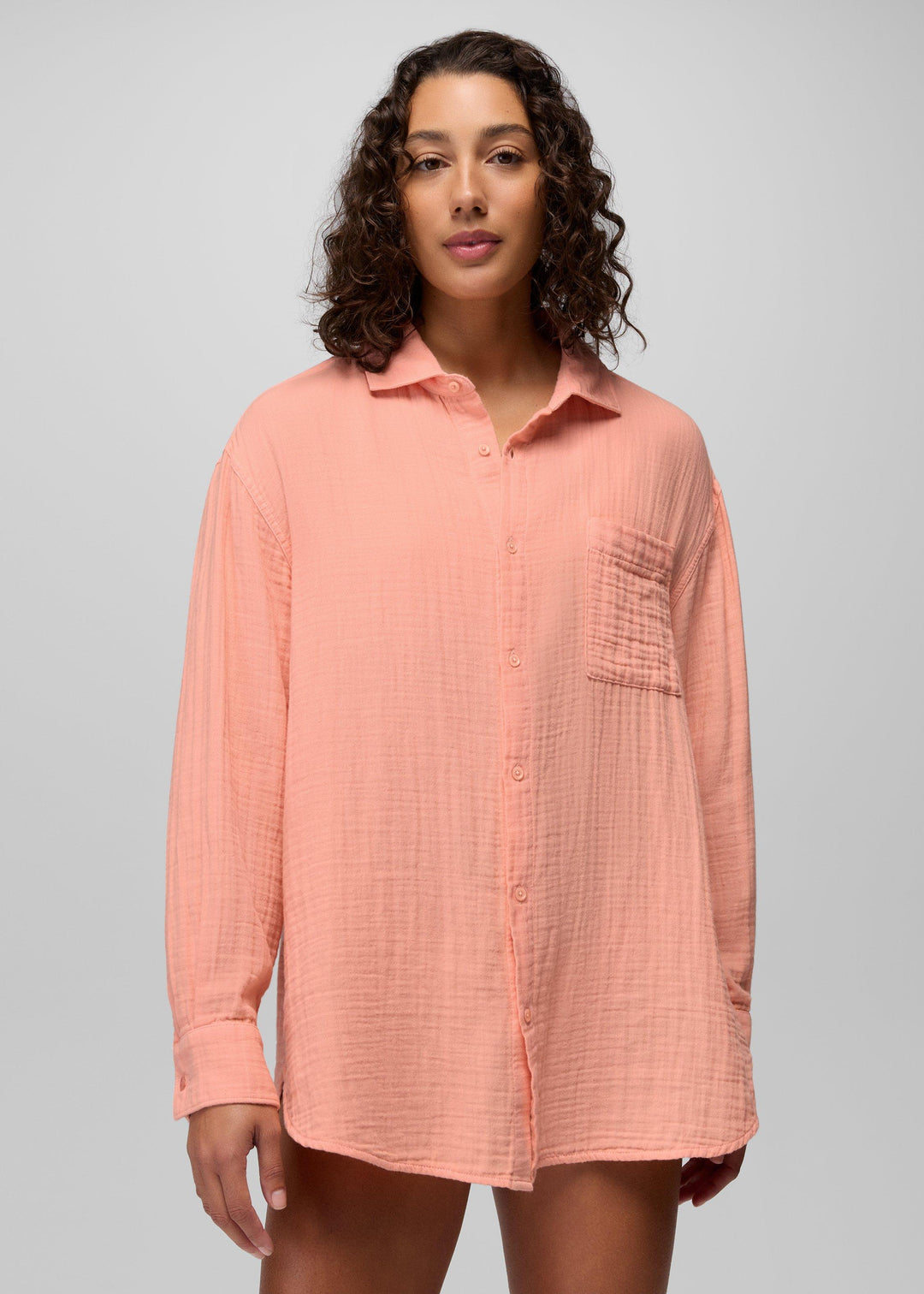 Hideaways Button Down Top - Soft Guava - on model, front