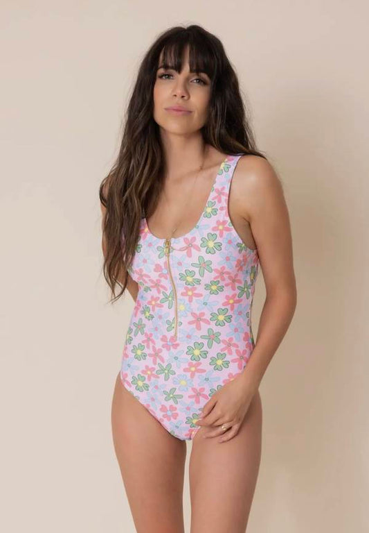 Women's Zip Up One Piece Swimsuit - Colorful Floral