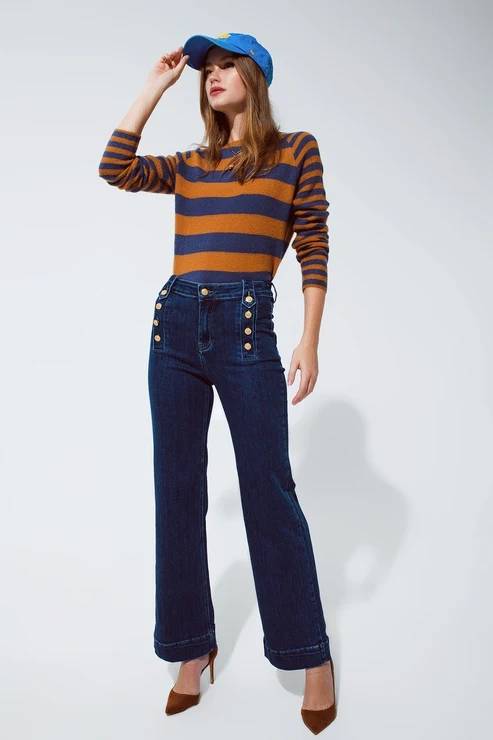 Marine Flare Jeans with Button Detailing - Mid Wash