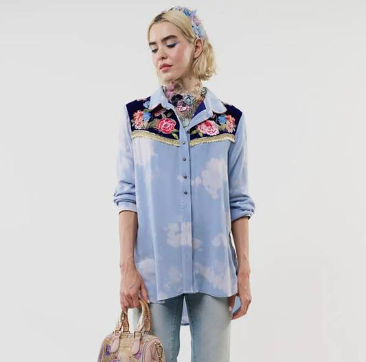 Miss Texas Embroidered Shirt - Washed Blue