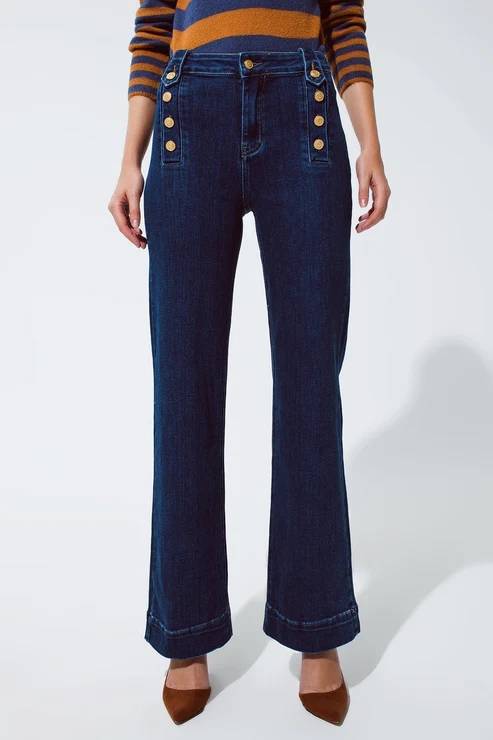 Marine Flare Jeans with Button Detailing - Mid Wash