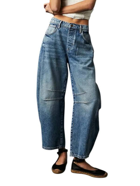 Washed Mid Rise Loose Barrel Jean - Dark Blue