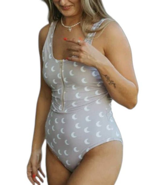 Women's Zip Up One Piece Swimwear - Moons