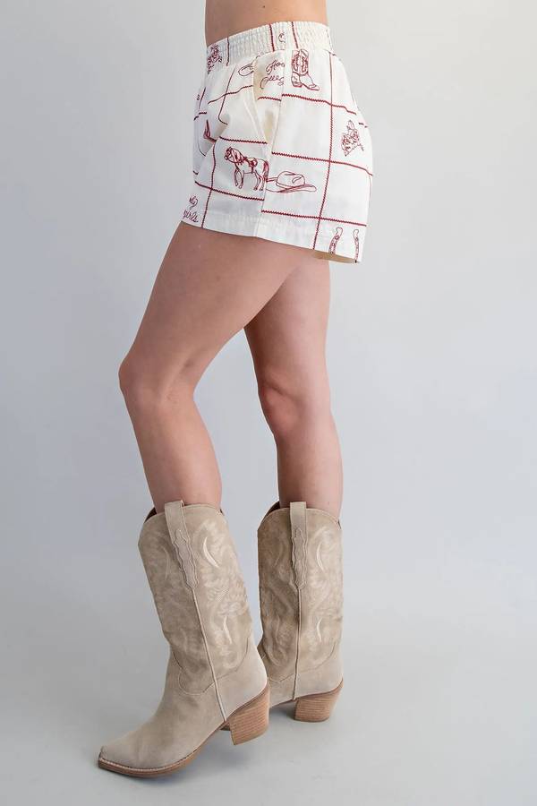 Western Grid Pattern Shorts - Cherry Wood Cream