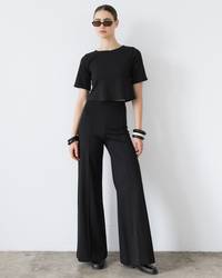 Ponte Knit Long Wide Leg Pant - Black