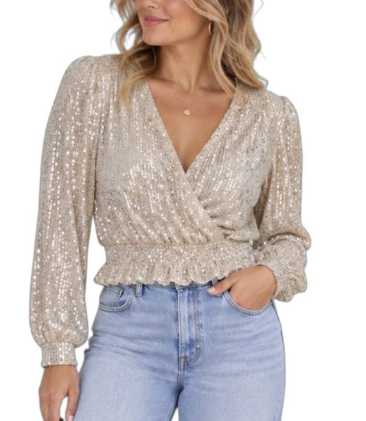 Sequin Cross Over Cropped And Sheer Top - Cream/Beige