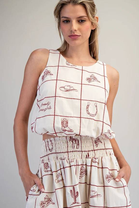 Western Inspired Sleeveless Crop Top - Cherry Wood Cream