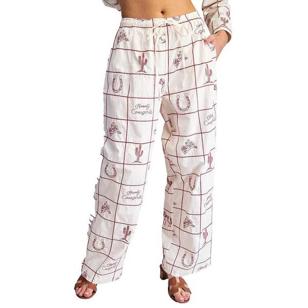 Western Grid Embroidered Pants - Cherry Wood Cream