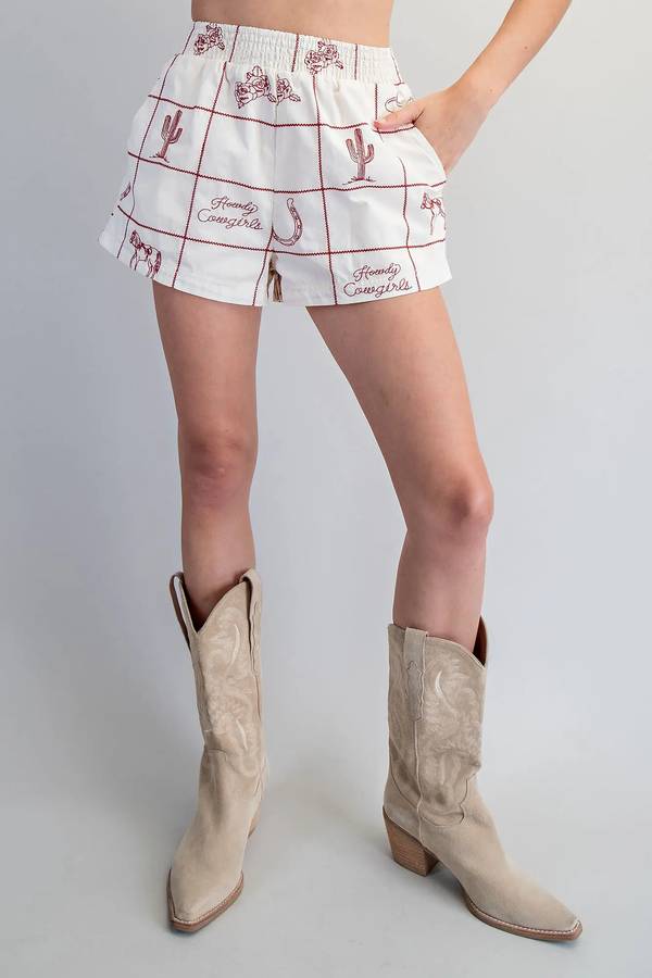 Western Grid Pattern Shorts - Cherry Wood Cream