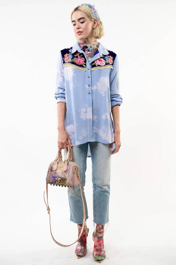 Miss Texas Embroidered Shirt - Washed Blue