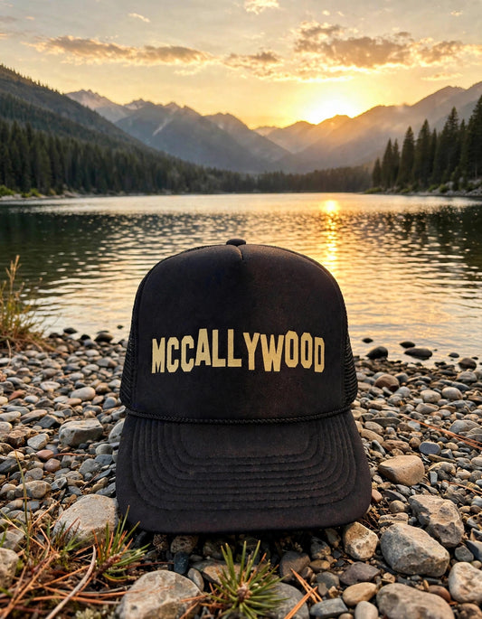 McCallyWood trucker hat - Black and Gold at Payette Lake