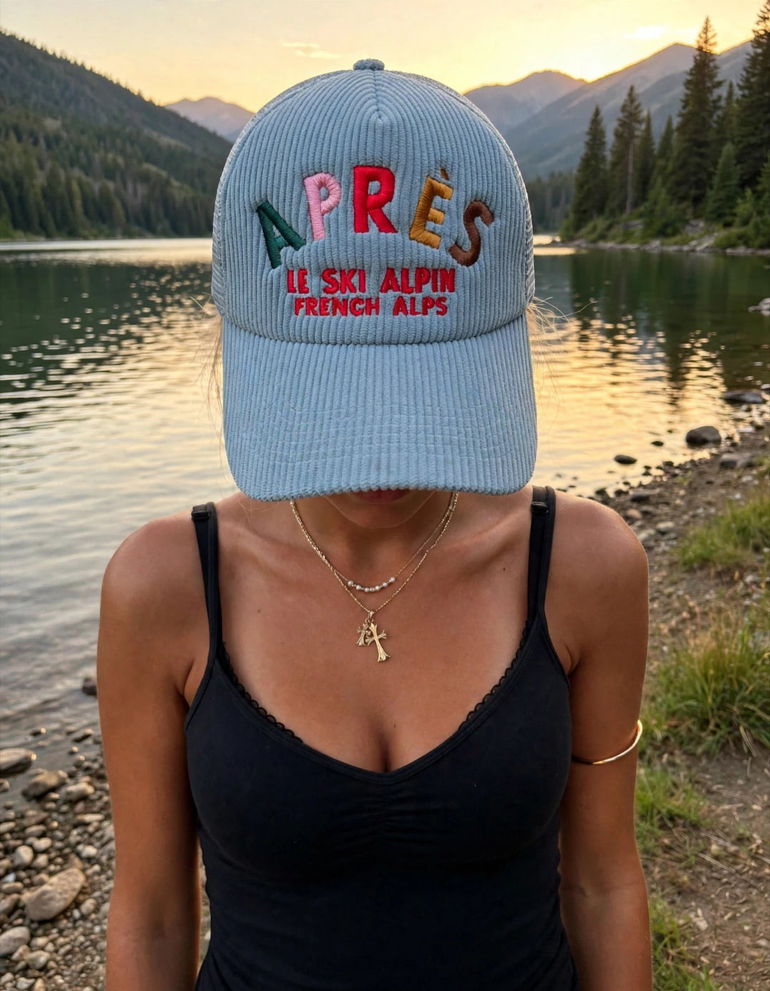 Après Le Ski Alpin Corduroy Trucker Hat - Light Blue on the hat model at Payette Lake