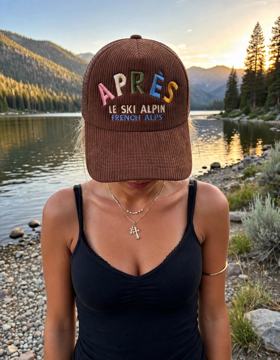 Après Le Ski Alpin Corduroy Trucker Hat - Brown on the hat model at Payette Lake