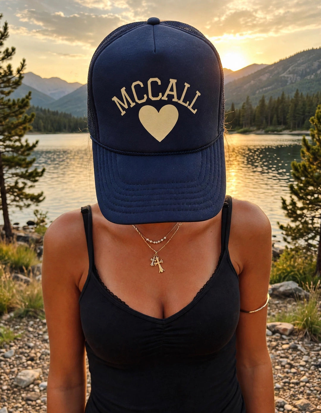 McCall Heart trucker hat on the hat model at Payette Lake