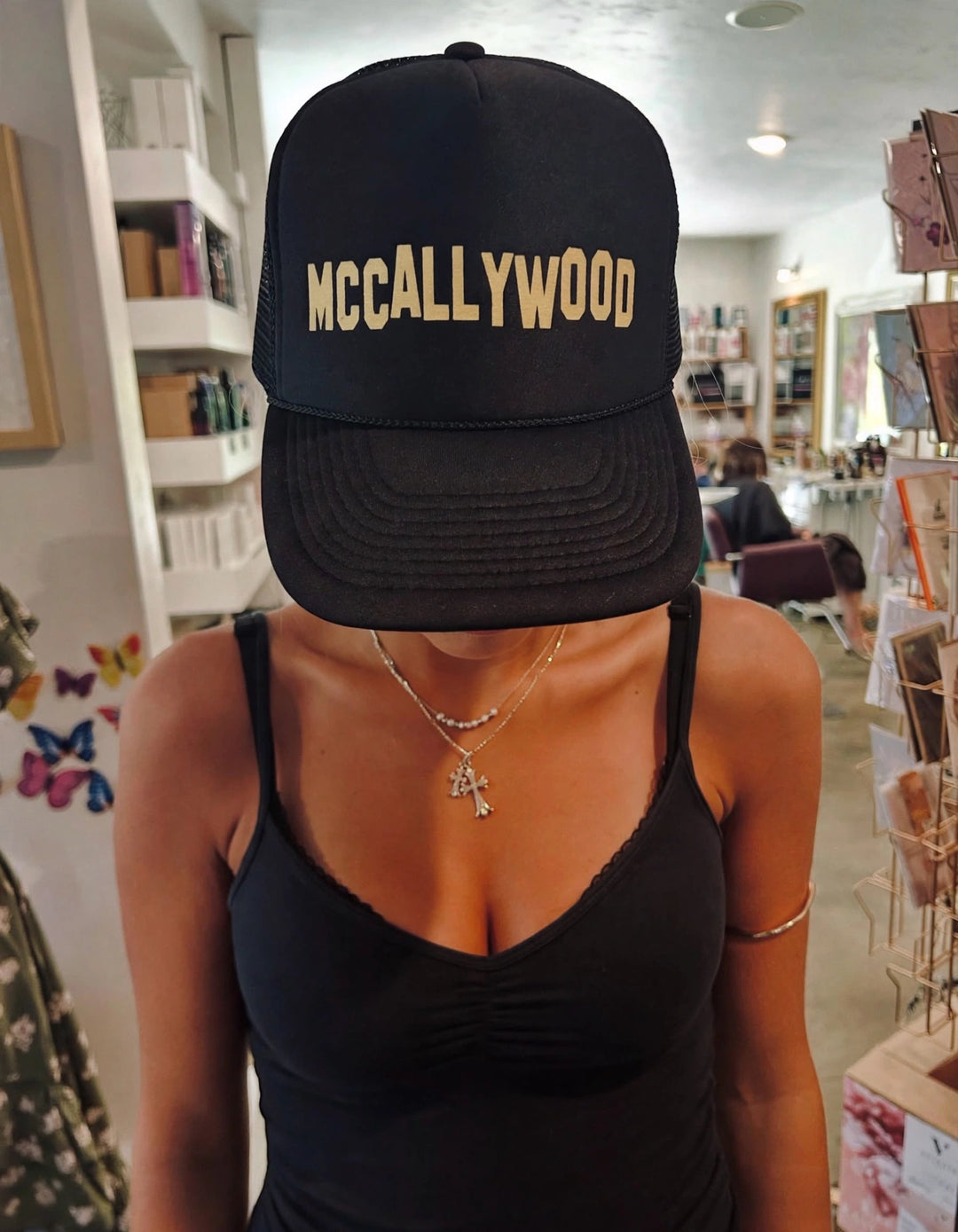 McCallyWood trucker hat - Black and Gold worn view