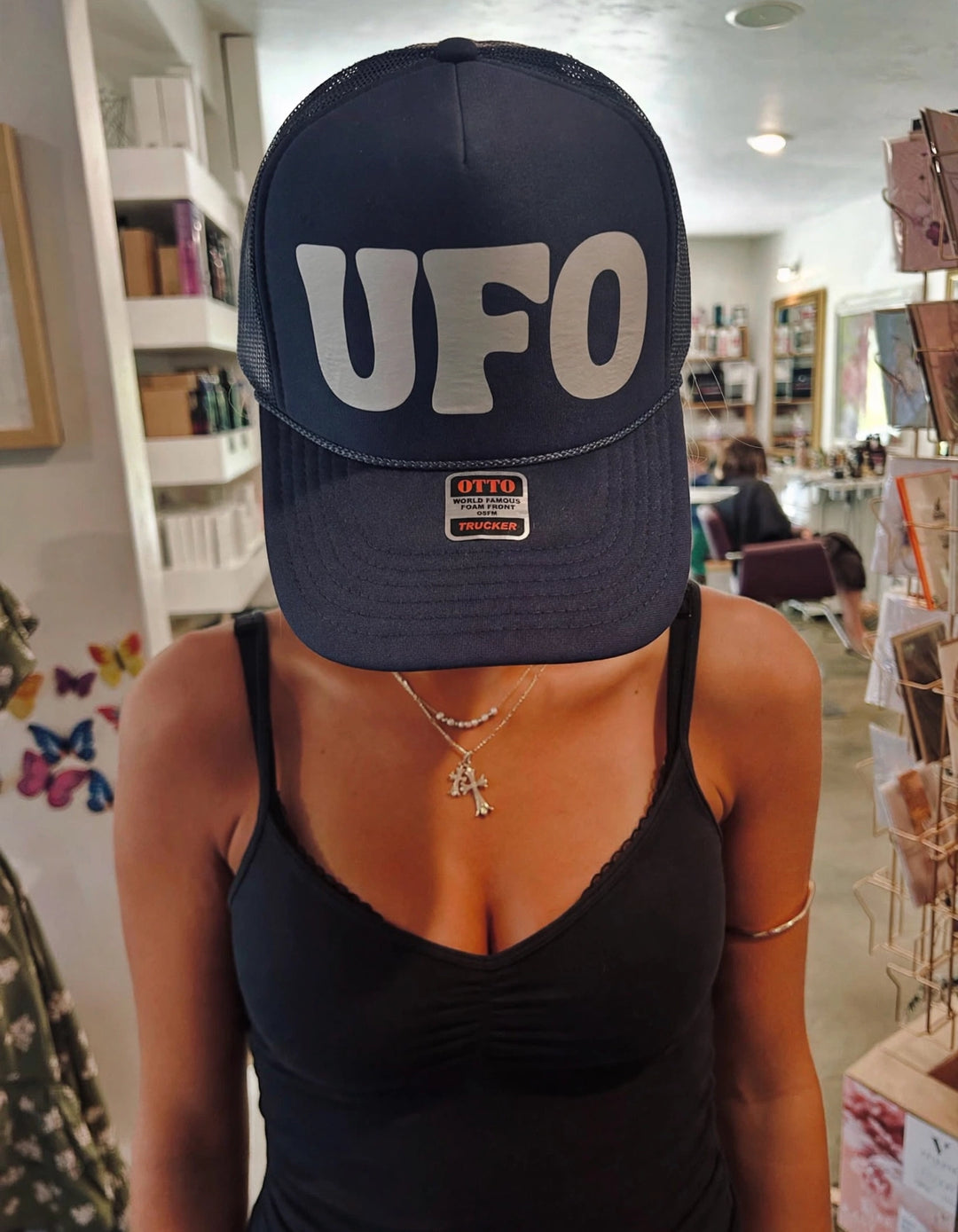 UFO trucker hat - Navy worn view