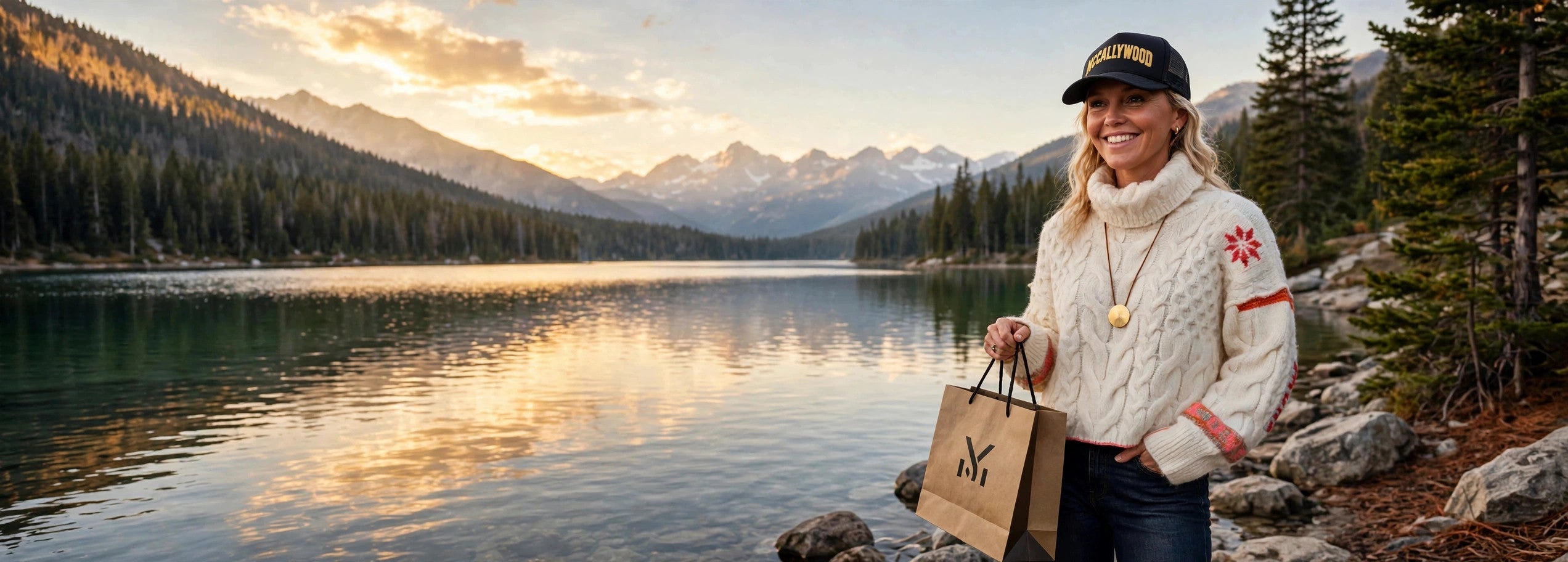 On the lake in McCall, Idaho, wearing the Krimson Klover Freebird Turtleneck in Snow
